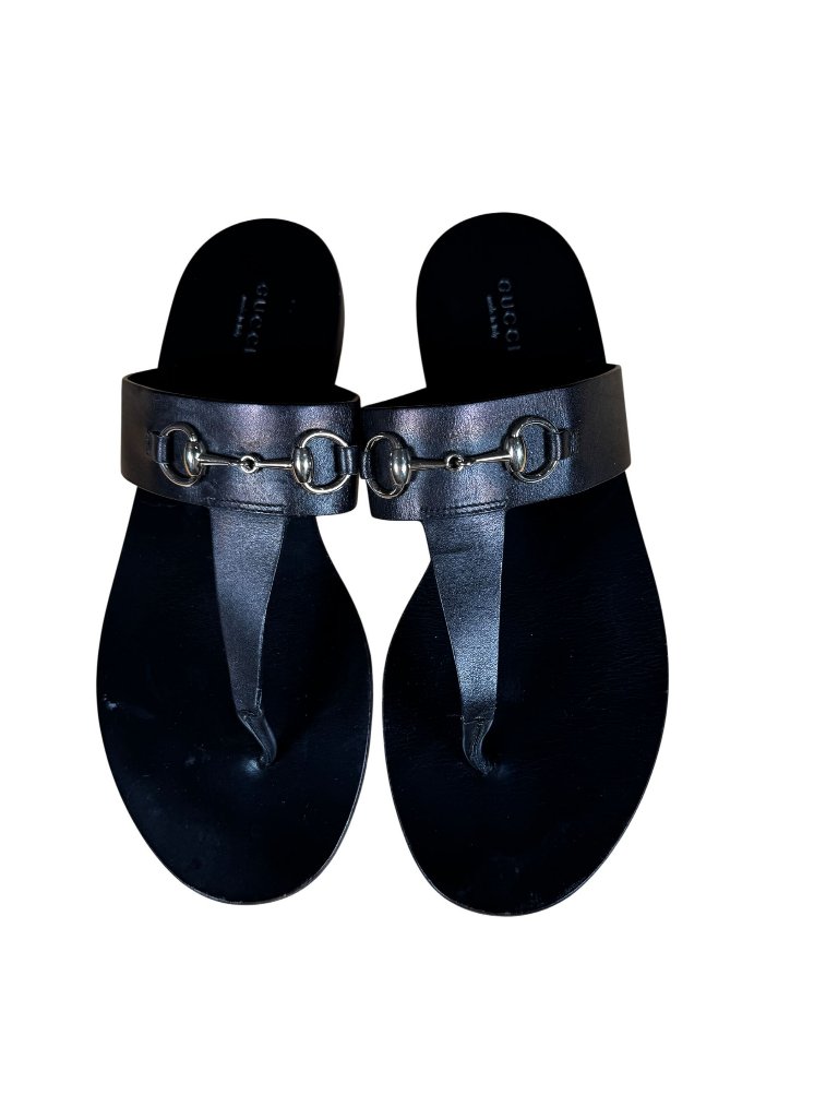 Gucci Horsebit Thong Sandals Black Leather Flip Flop Size Eu 39 Us 9